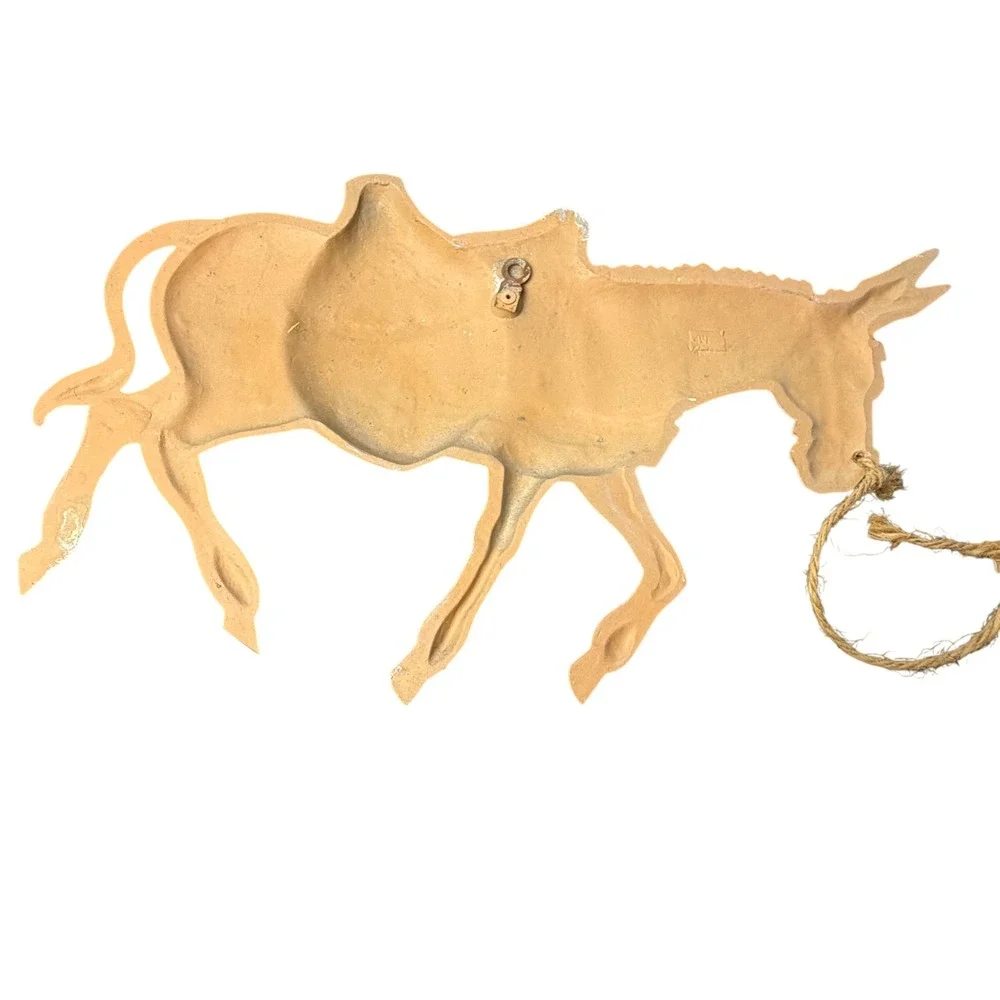 Vintage Mexican Folk Art Wall Hanging Man Leading Donkey‎ 2pc Set Rustic Decor
